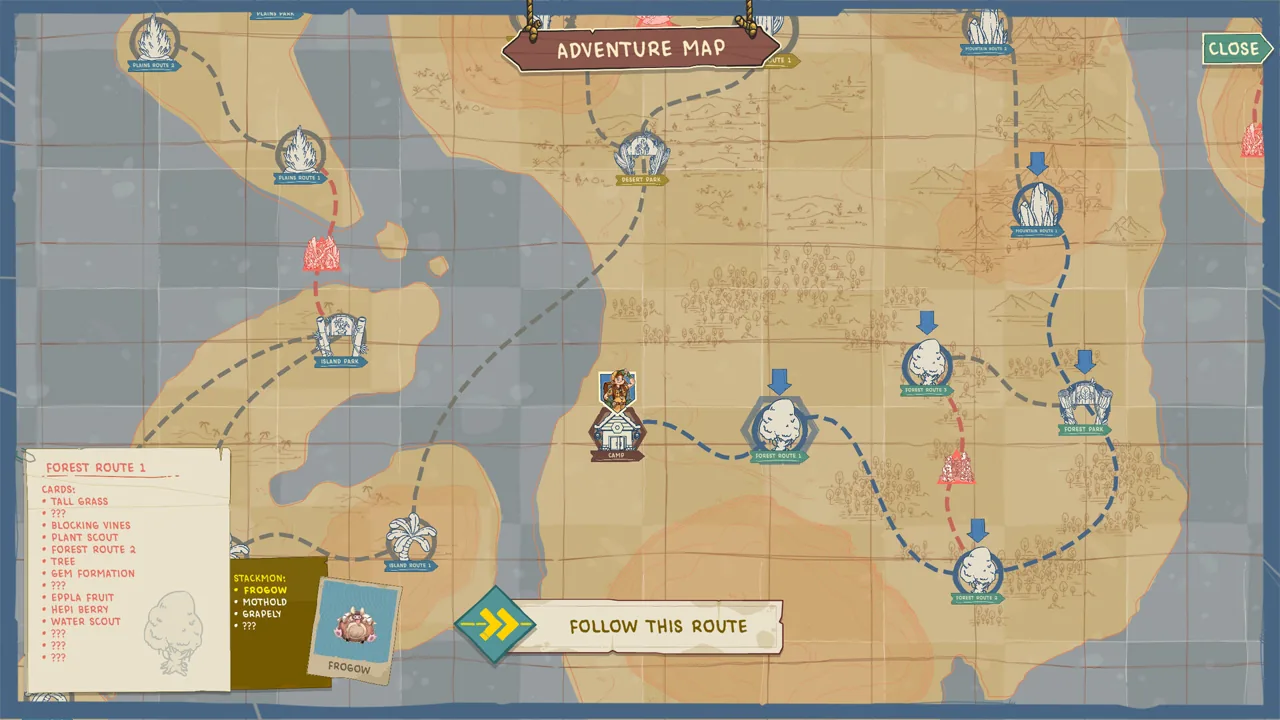 Official Stackmon adventure map screenshot showing routes, encounter nodes and destination icons