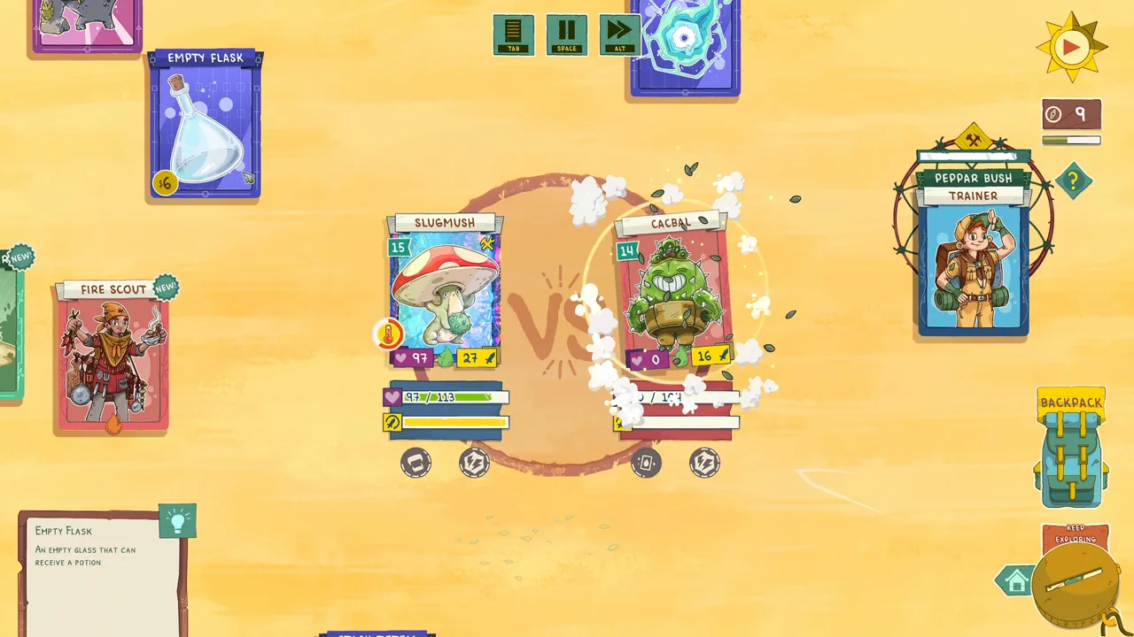 Official Stackmon battle screenshot showing two creature cards facing each other with trainer and item cards nearby