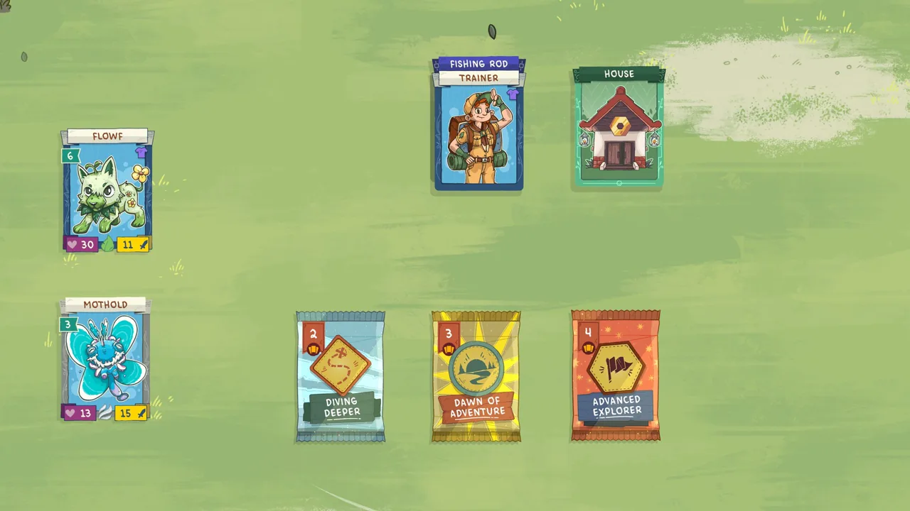 Official Stackmon screenshot with creature, trainer, house and progression cards arranged on the board