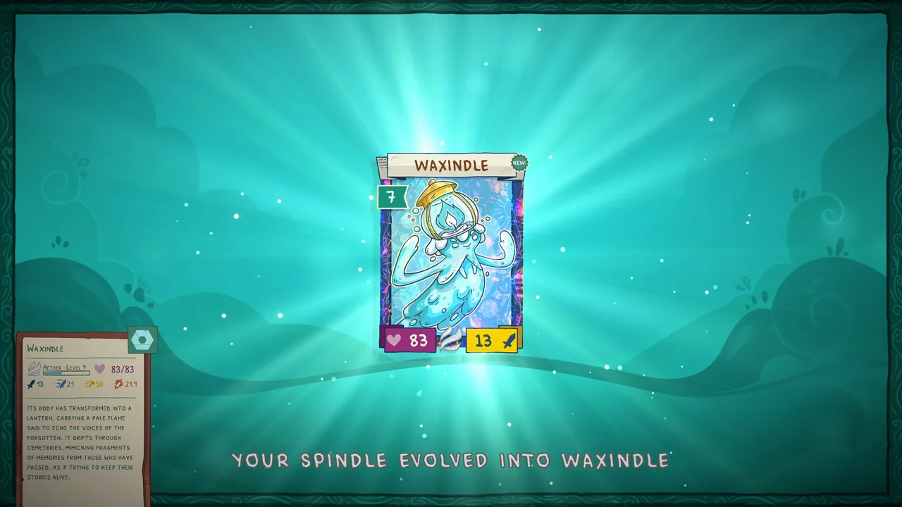 Official Stackmon screenshot announcing that Spindle evolved into Waxindle