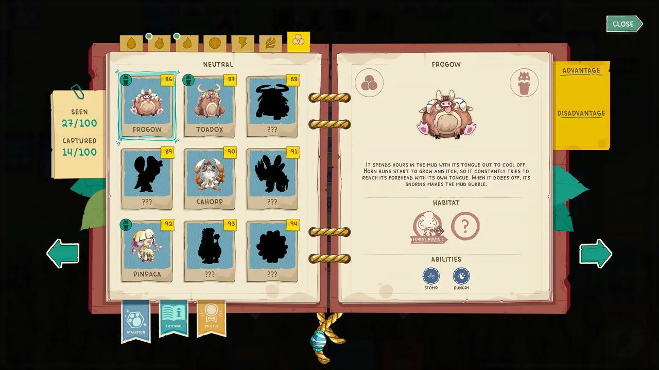 Official Stackmon field guide screenshot showing a Neutral category, creature records and undiscovered silhouettes