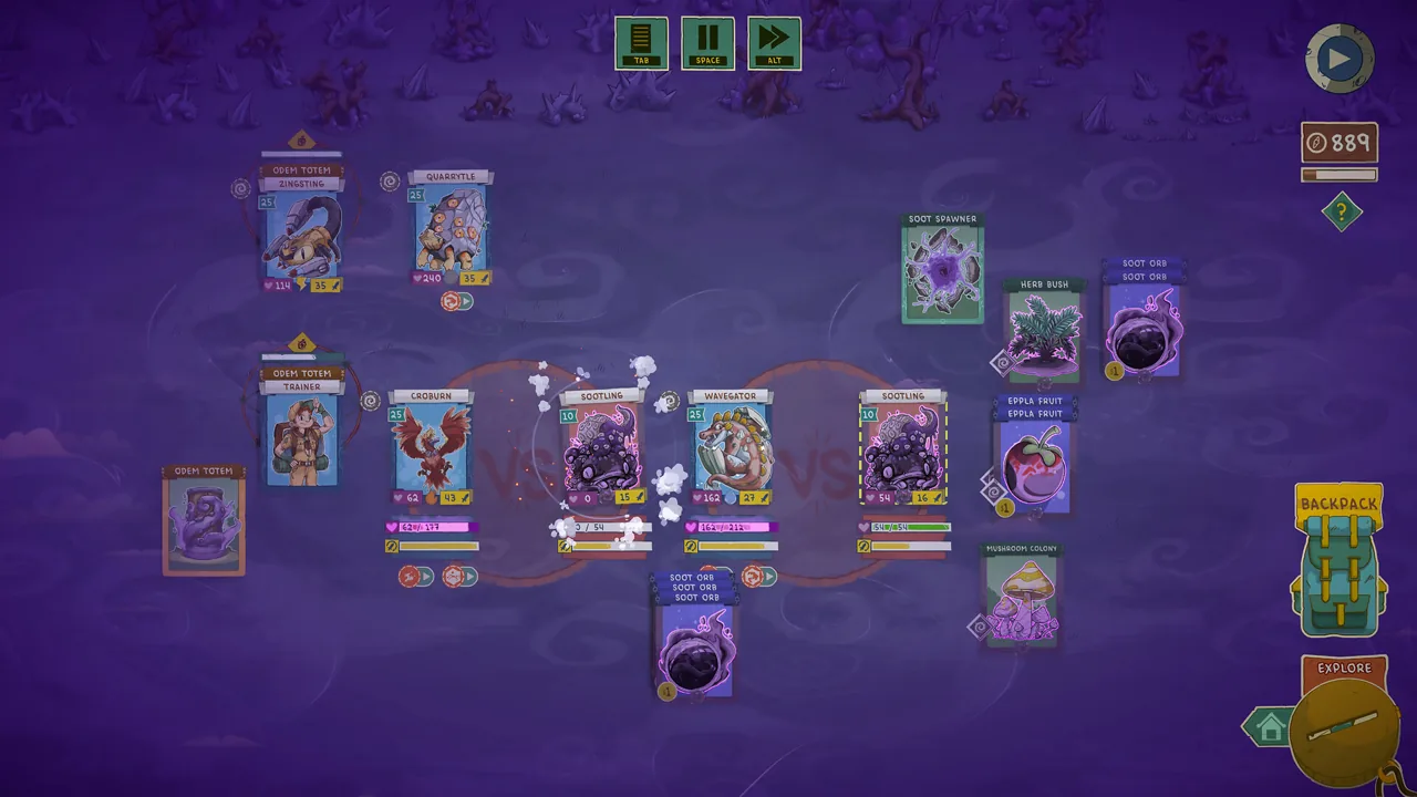 Official Stackmon screenshot showing a purple Soot-corrupted battle scene