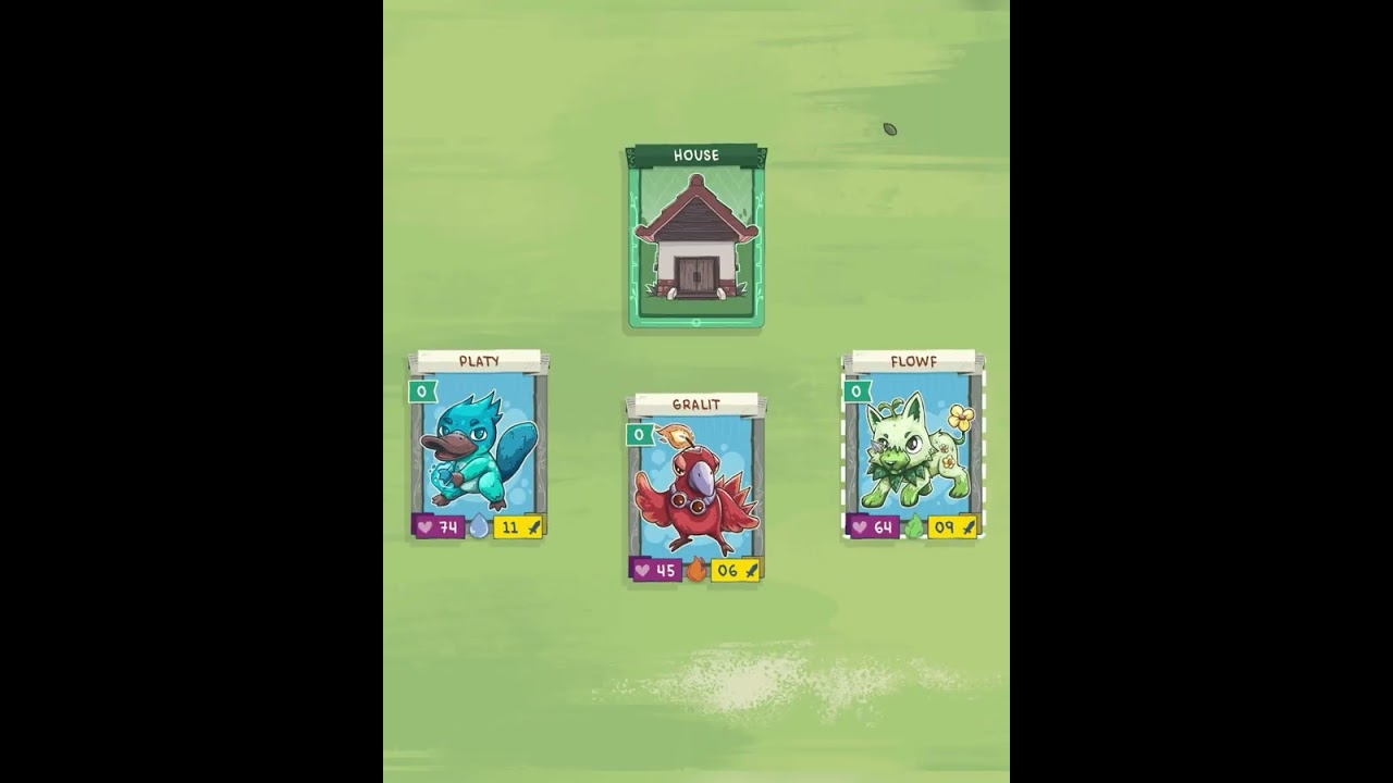 Official Stackmon video frame showing Platy, Gralit and Flowf together as the three starter choices